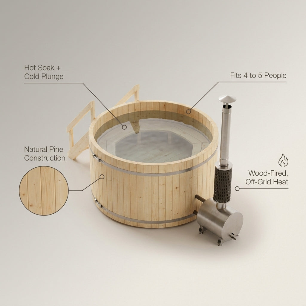 Dual-Temperature Therapy Tub Built for Hot-Cold Recovery, Pine Wood Construction, Off-Grid Wood-Fired Heater — infographic