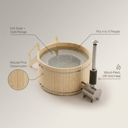 Dual-Temperature Therapy Tub Built for Hot-Cold Recovery, Pine Wood Construction, Off-Grid Wood-Fired Heater — infographic