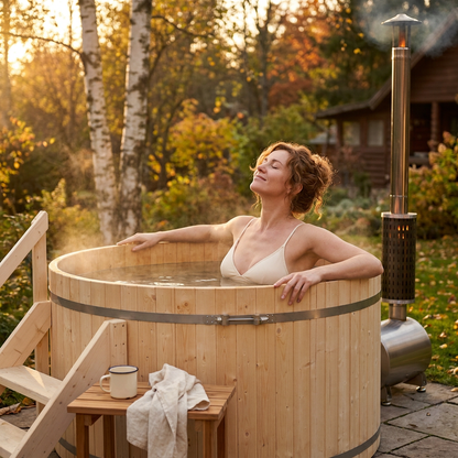 PEWSHTUB Pine Hot Tub and Ice Bath 4-5 Person with Wood-Fired Heater — Lifestyle