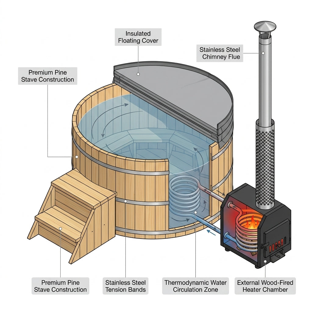 PEWSHTUB Pine Hot Tub and Ice Bath 4-5 Person with Wood-Fired Heater — How It Works